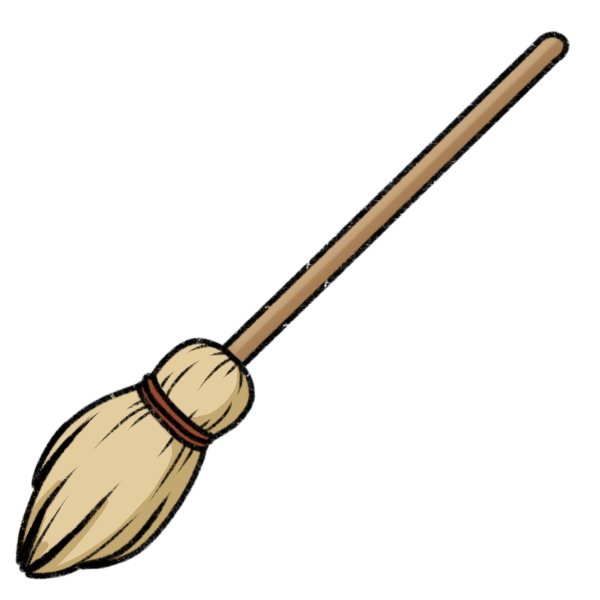 a wooden broom with a straw brush at the end, bound with red cord.